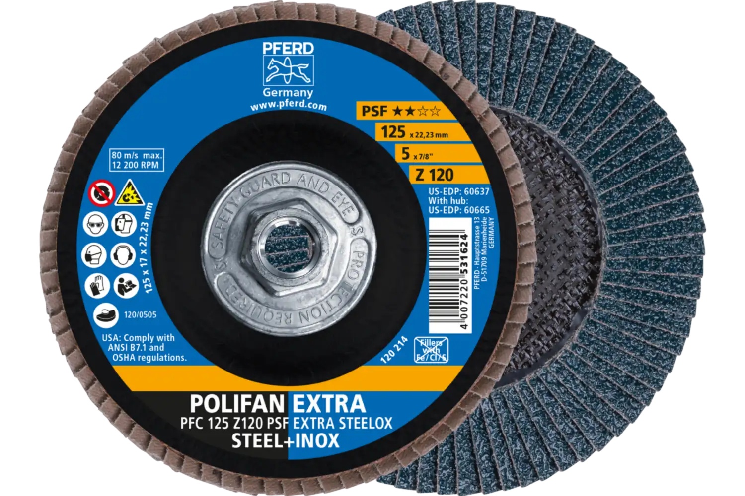 Picture of Pferd Flap Disc, 5" x 5/8-11, Z PSF Extra Steelox, 120 Grit, T29, Conical, Zirconia